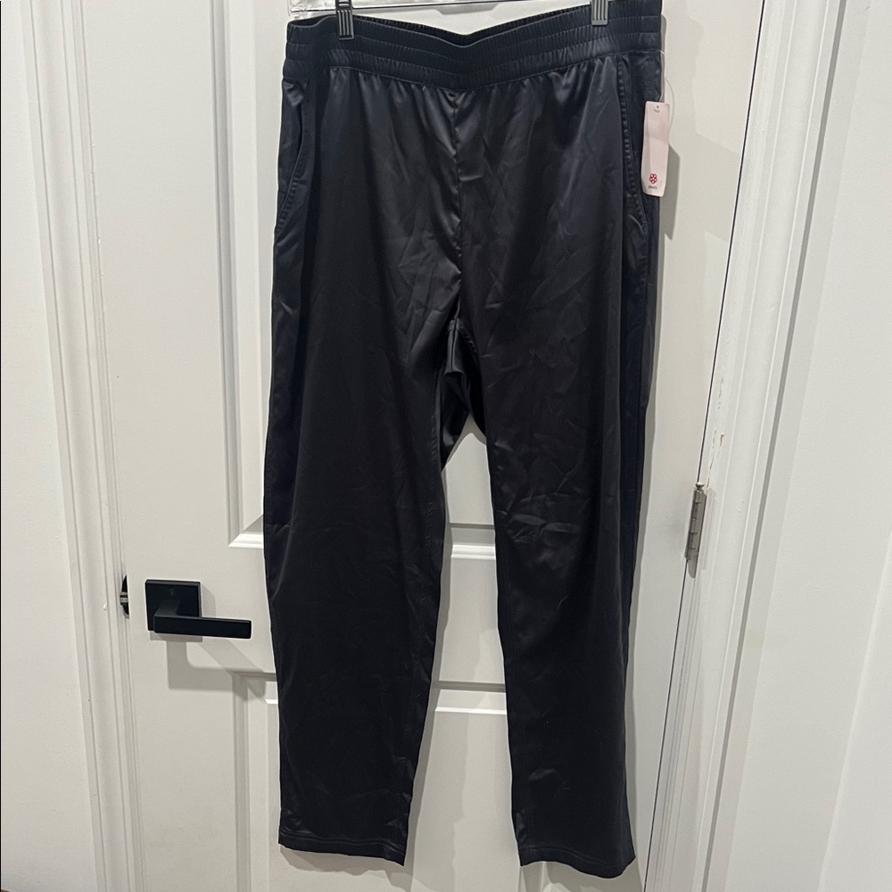 Peach Elegant Black Straight Leg Women's Satin Slate Gray Pants,‎ Size Large